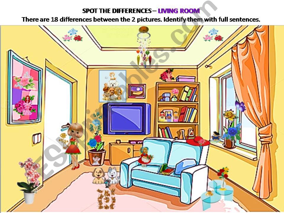 Spot the differences - 11 - Living room with 18 differences.