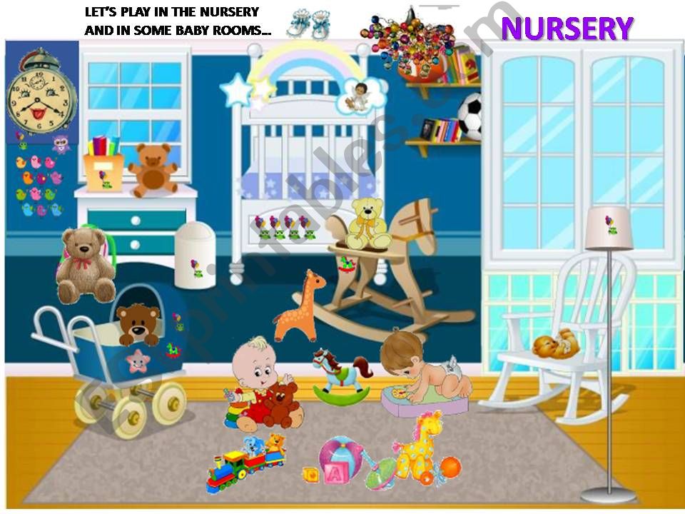 A nursery and 3 baby bedrooms : sentences and vocabulary.
