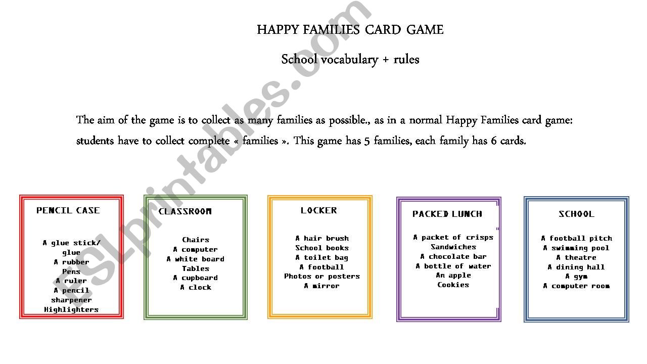 Happy Families card game school vocabulary + rules