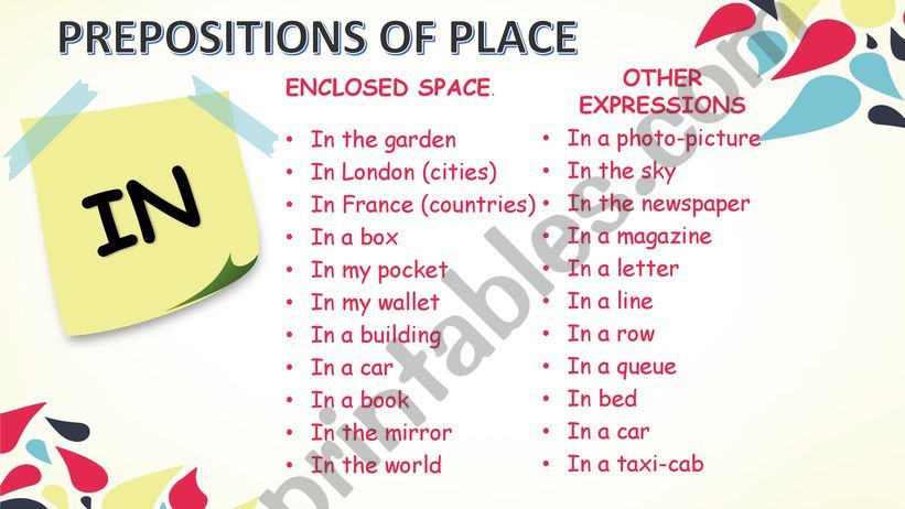  prepositions of place (in-on-at)