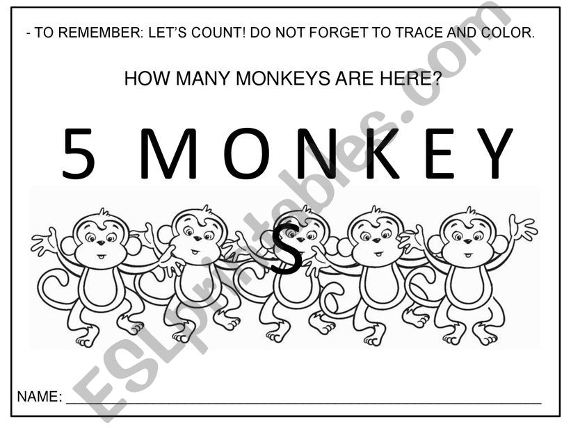 5 little monkeys to color and trace