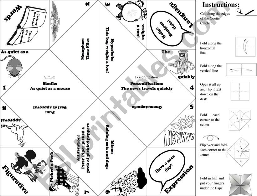 Figurative Language Cootie Catcher set of 3 PPTs plus Instructions