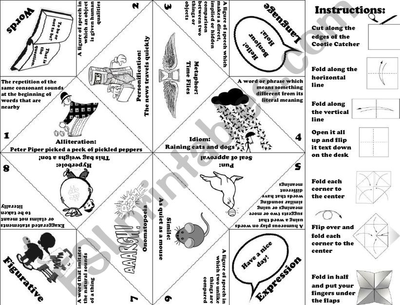 Figurative Language Cootie Catcher set of 3 Plus Instructions