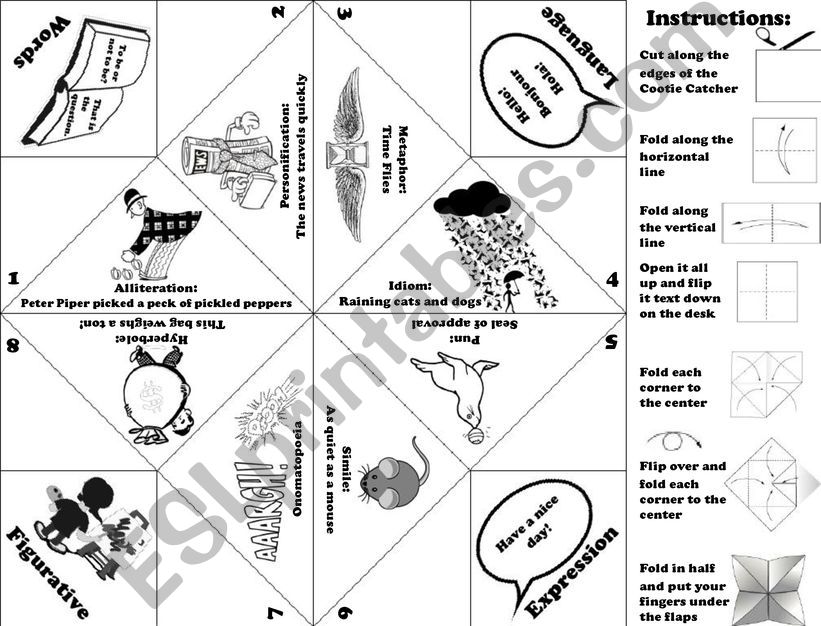 Figurative Language Cootie Catcher set of 3 plus Instructions