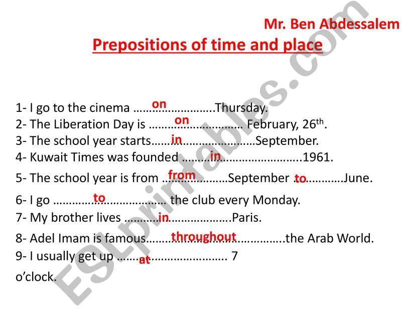 Prepositions of time and place