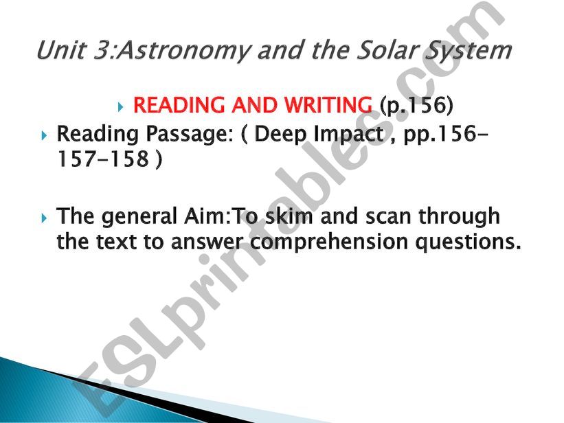 Astronomy reading of deep impact
