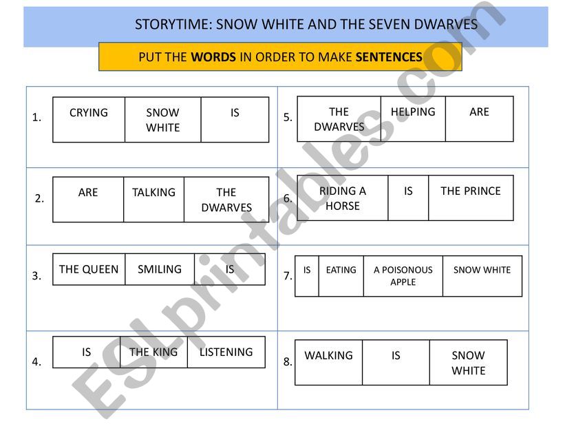 Guided Writing Present Continuous / Snow white / Answer yes/no