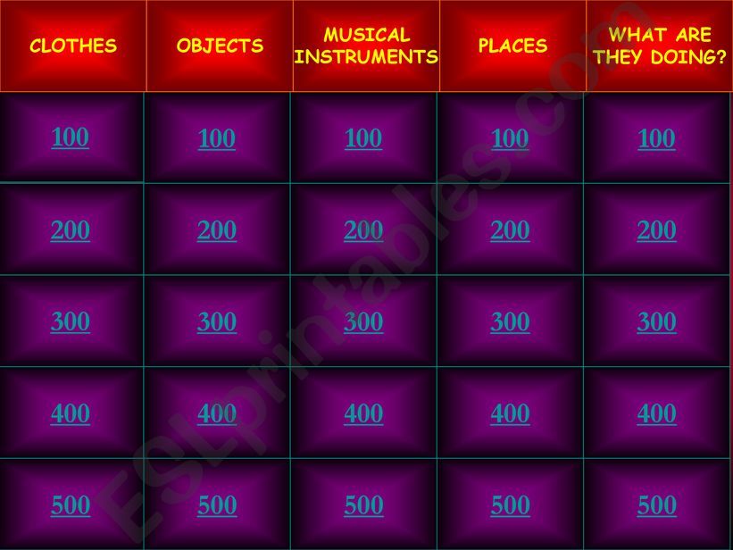 CLOTHES, OBJECTS, MUSICAL INSTRUMENTS, PLACES, WHAT ARE THEY DOING
