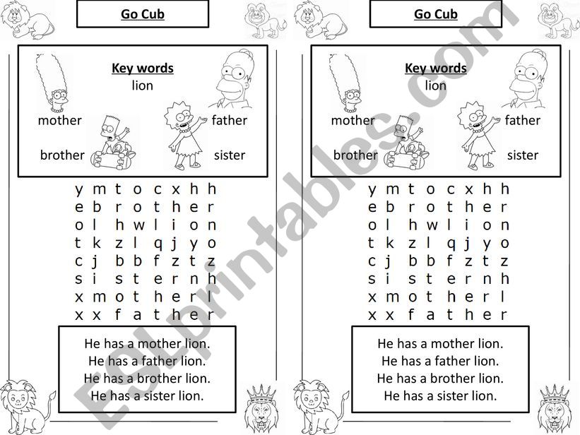 Lion family Wordsearch powerpoint