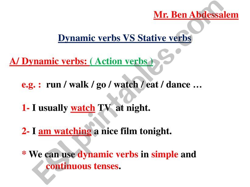 Dynamic verbs vs stative verbs