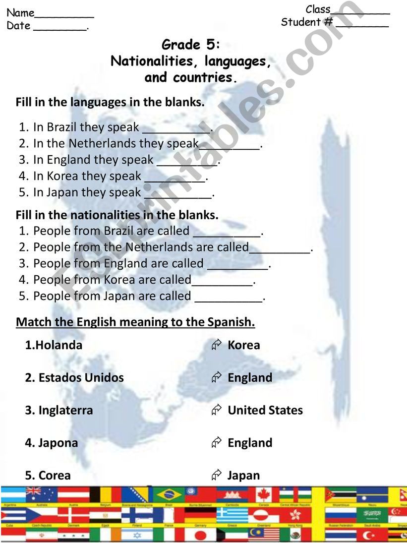 Countries, Nationalities, languages worksheet