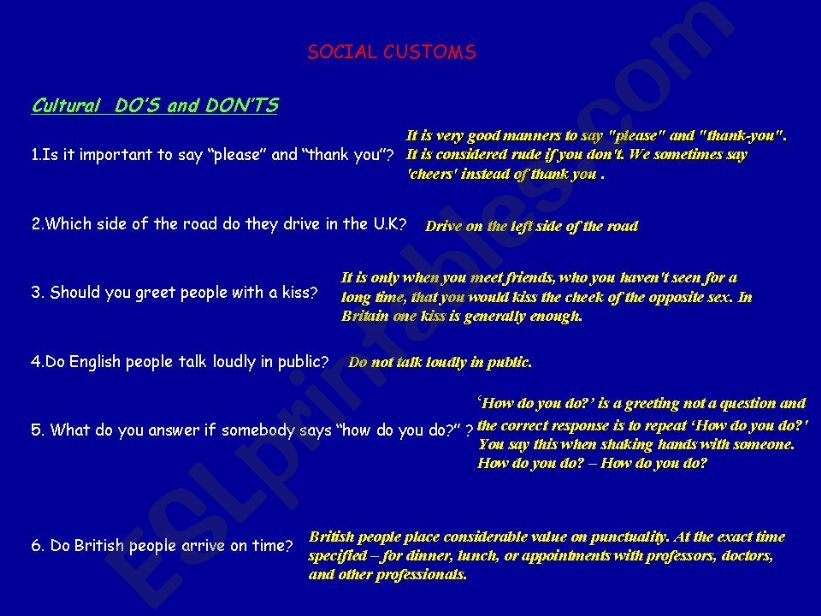 Social customs. Dos and Donts