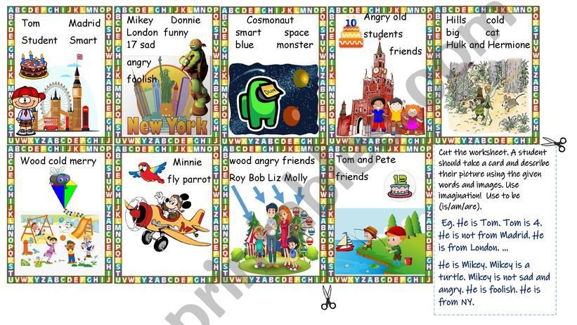 To be (is/am/are) communicative task with bright images for starters.
