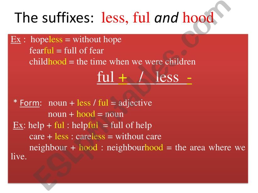 the prefixes less, ful and hood