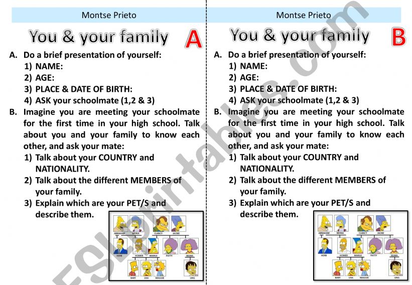 speaking exam card YOU & YOUR FAMILY