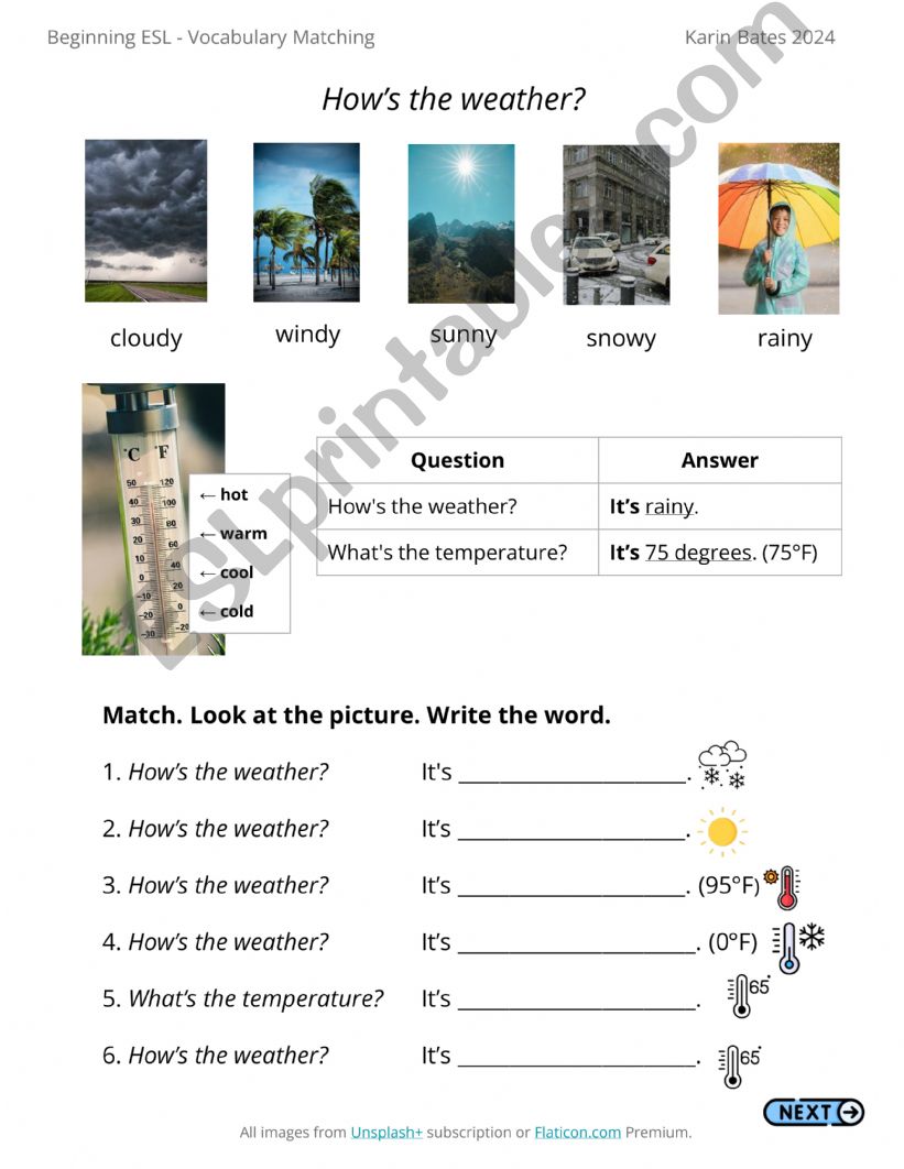 Beginner Vocabulary Matching - Weather