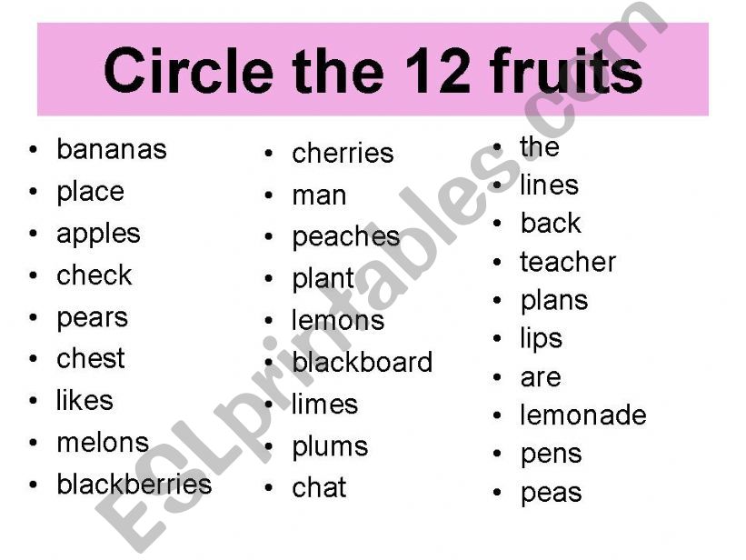 reading comprehension - identifying words for fruits