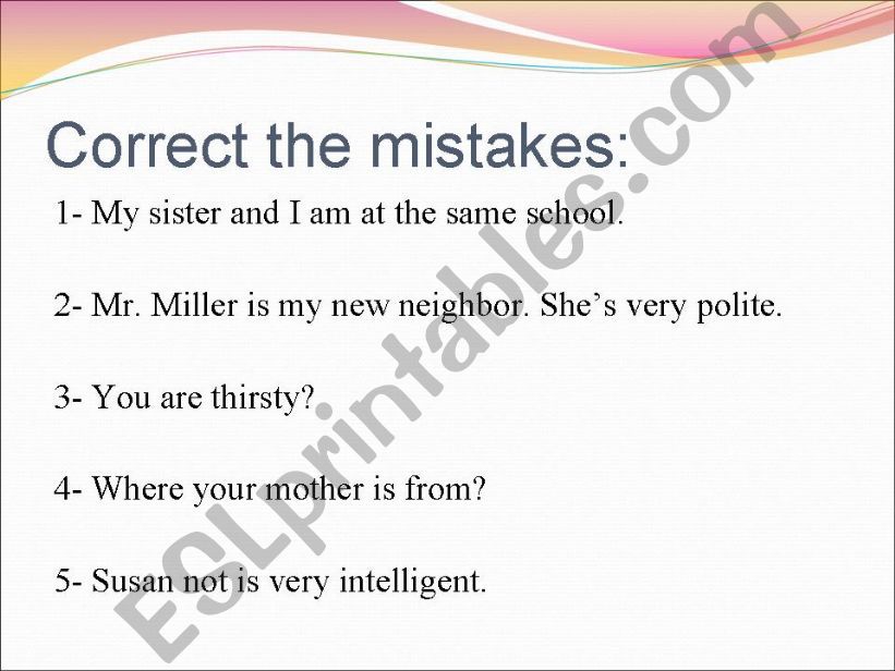 Correct the mistakes (to be, possessives, articles, prepositions, demonstratives)