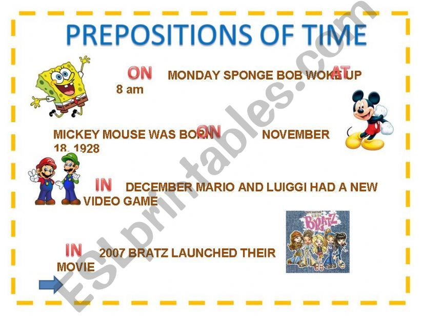 ESL - English PowerPoints: PREPOSITIONS OF TIME WITH CARTOONS :D
