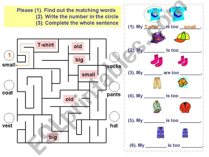 Maze game-- practice clothes and opposite vocabulary 