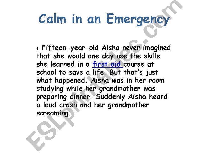 Emergency Story /Safety Reading (first aid) - 10 slides with pictures 