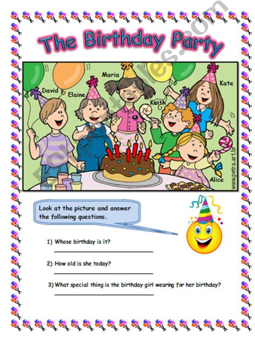 look at the picture and answer the question -THE BIRTHDAY PARTY - 2PAGES worksheet
