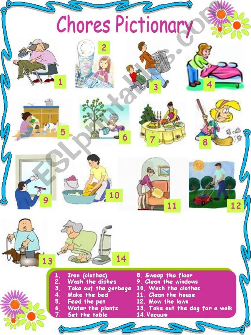 Chores Pictionary (3 pages) 2 activities