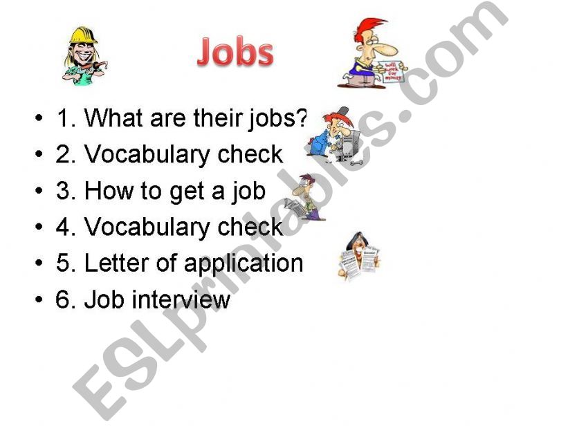 Powerpoint about jobs, job application, voc check, job interview