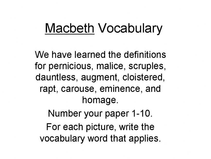 Macbeth Vocabulary: Match a word to a picture