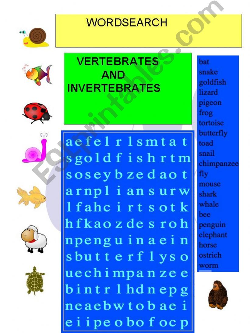 wordsearch vertebrates and invertebrates