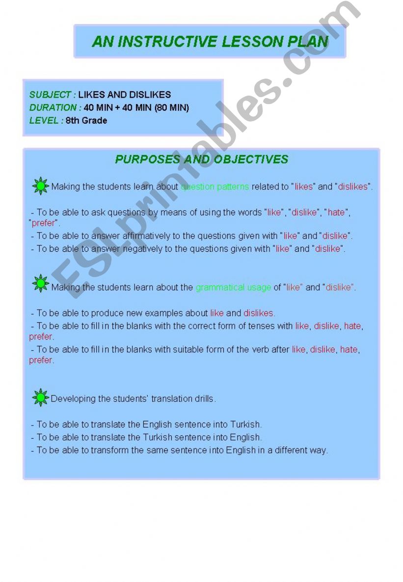 likes and dislikes lesson plan