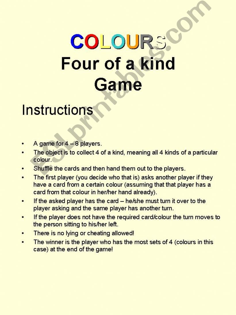Colours Four of a Kind Game powerpoint