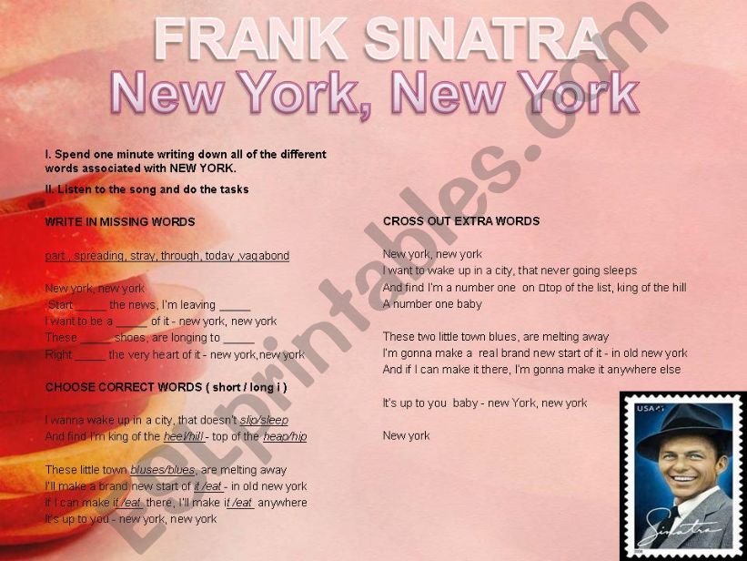 FRANK SINATRA NEW YORK, NEW YORK  song-based activity (fully editable, +answer key) 