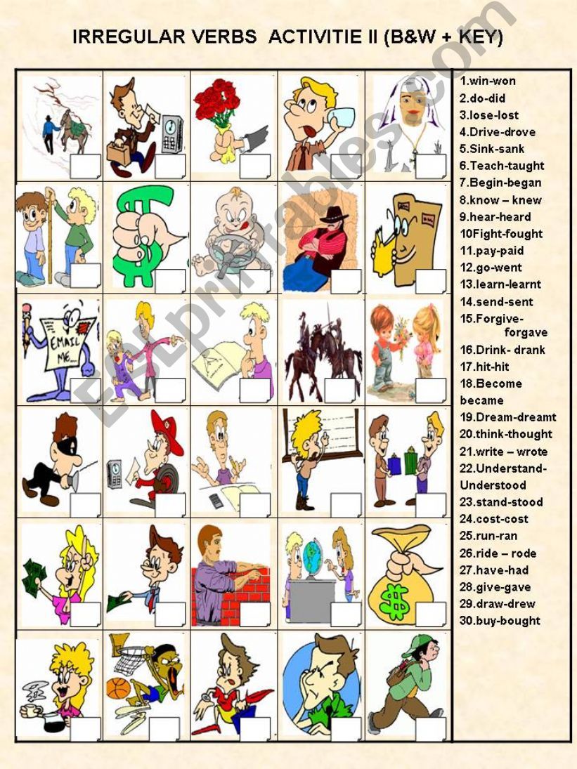 IRREGULAR VERBS ACTIVITIES II (B&W  - WITH KEY)