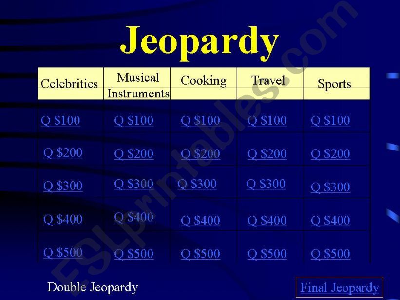 Jeopardy 1/2 Celebs, Musical Instruments, Sports, Cooking and Travel