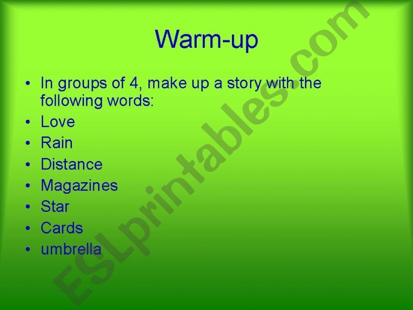 warm up and vocabulary Umbrella, by Rihanna