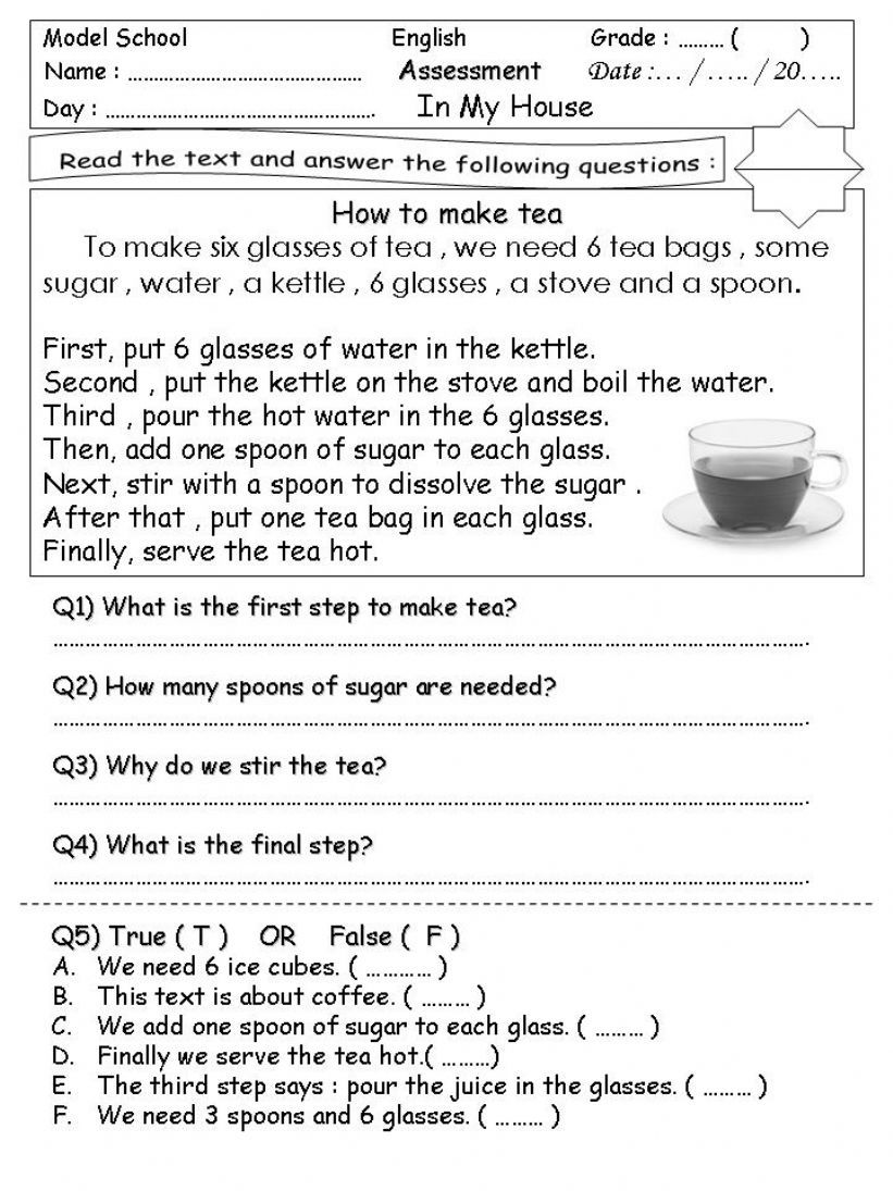 PROCEDURE sample - assessment  reading comprehension 