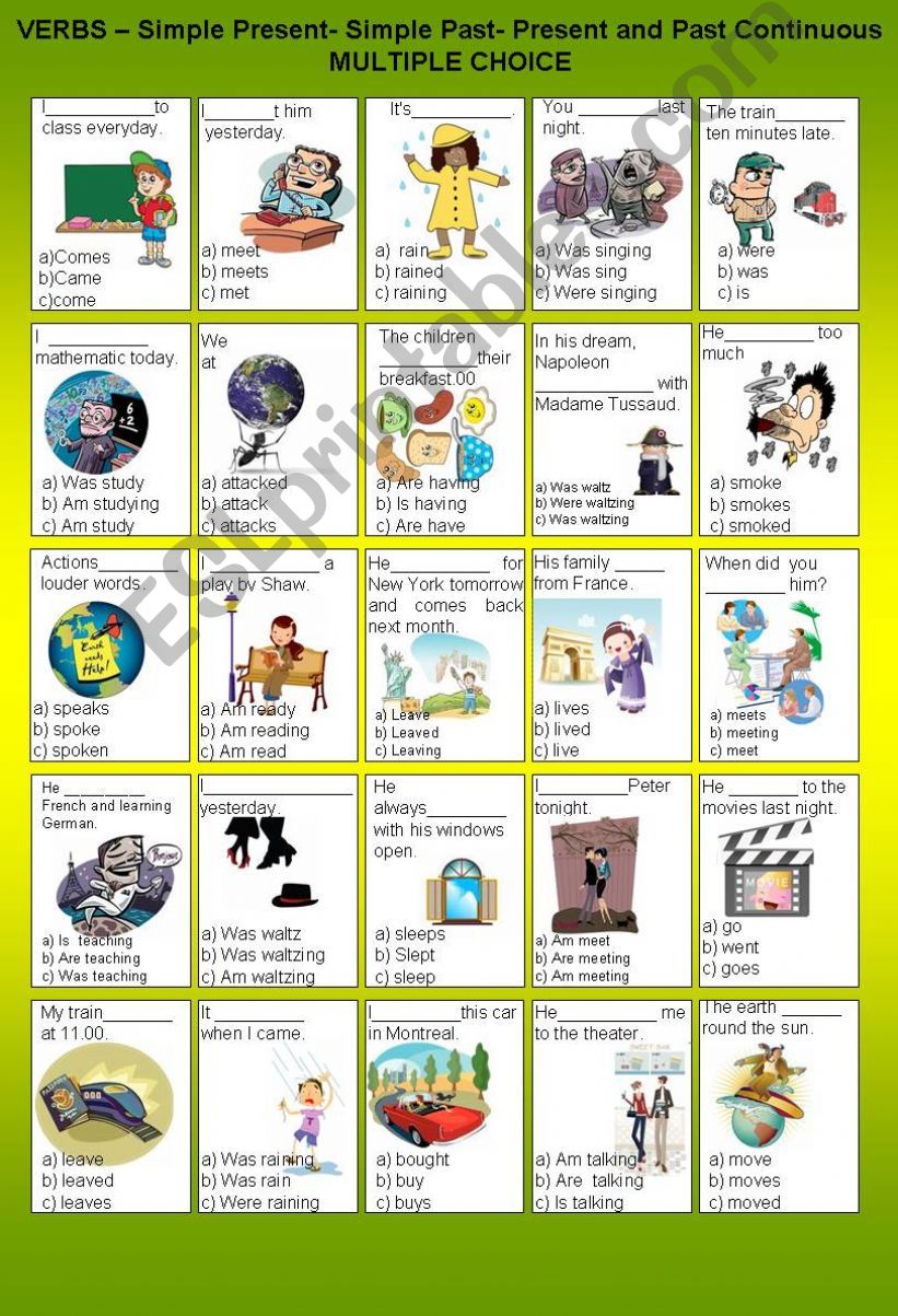 VERBS  Simple Present- Simple Past- Present and Past Continuous  MULTIPLE CHOICE - B&W + KEY