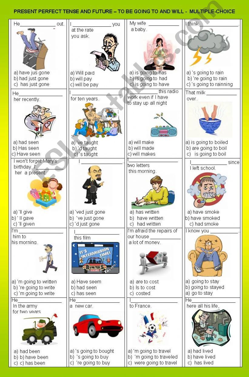 PRESENT PERFECT TENSE AND FUTURE  TO BE GOING TO AND WILL -  MULTIPLE-CHOICE