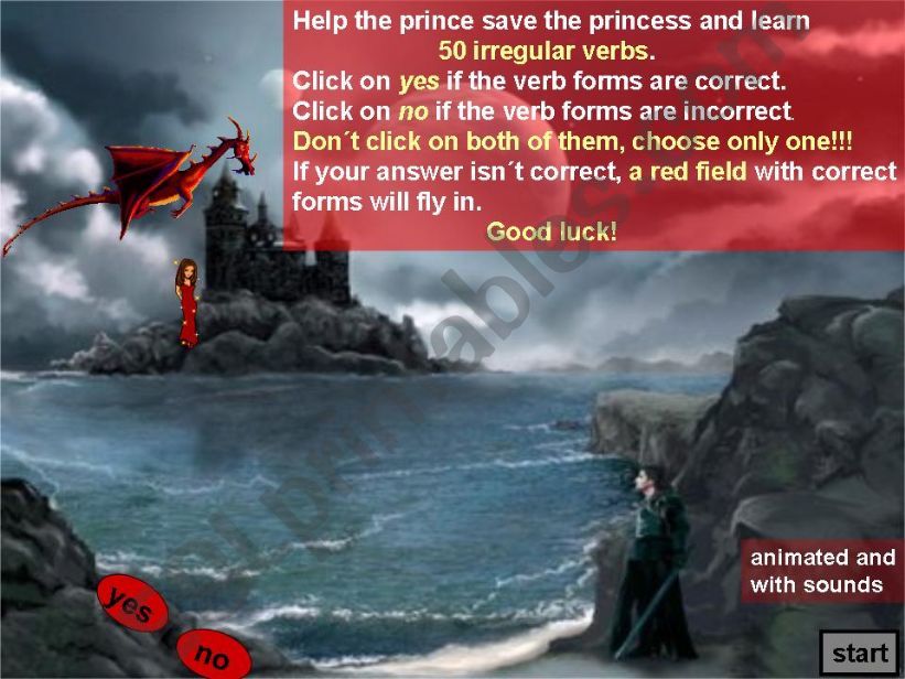 50 irregular verbs - Power Point game -Help the prince save the princess