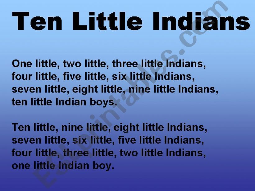 TEN LITTLE INDIANS LYRICS powerpoint