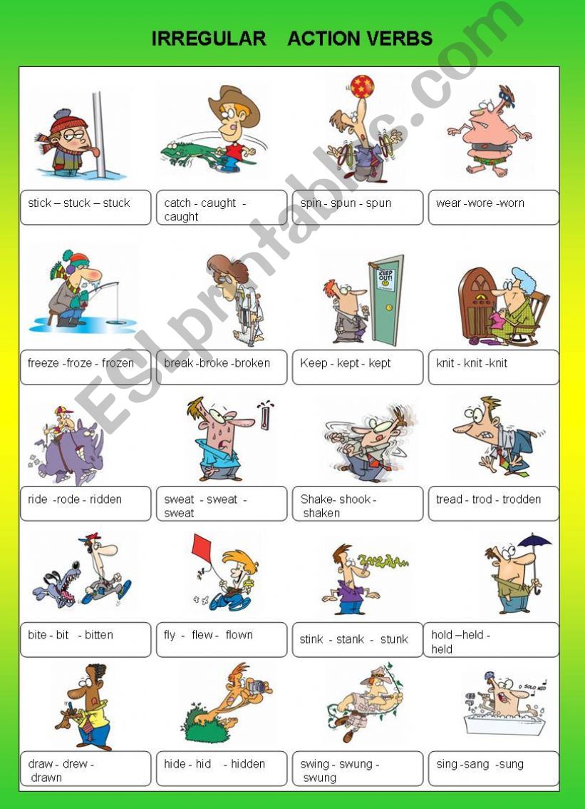 ESL English PowerPoints IRREGULAR ACTION VERBS PICTIONARY B W INCLUDED