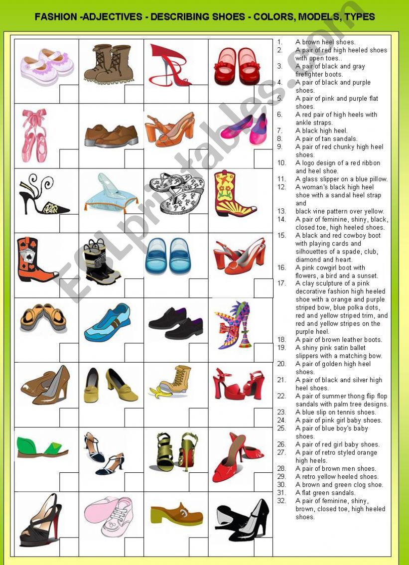 FASHION - DESCRIBING SHOES - ADJECTIVES - COLORS, MODELS, TYPES  + KEY