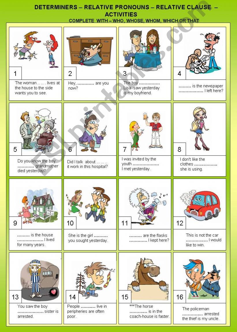 DETERNINERS - RELATIVE PRONOUNS - RELATIVE CLAUSES - B&W + KEY INCLUDED