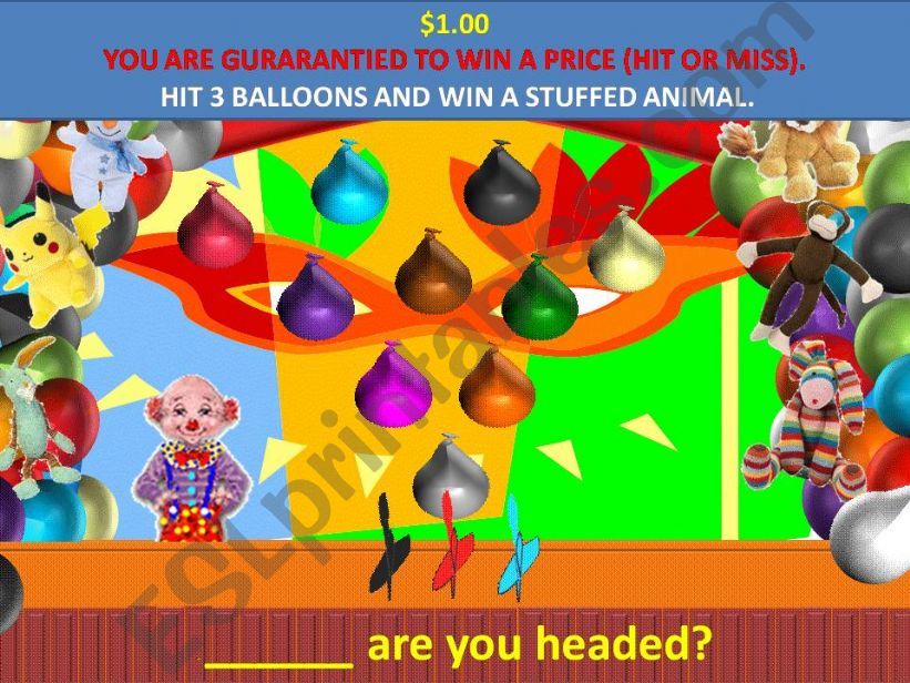 QUESTION WORDS DART BALLOON ARCADE GAME 3 Qs/slide and 9 Slides