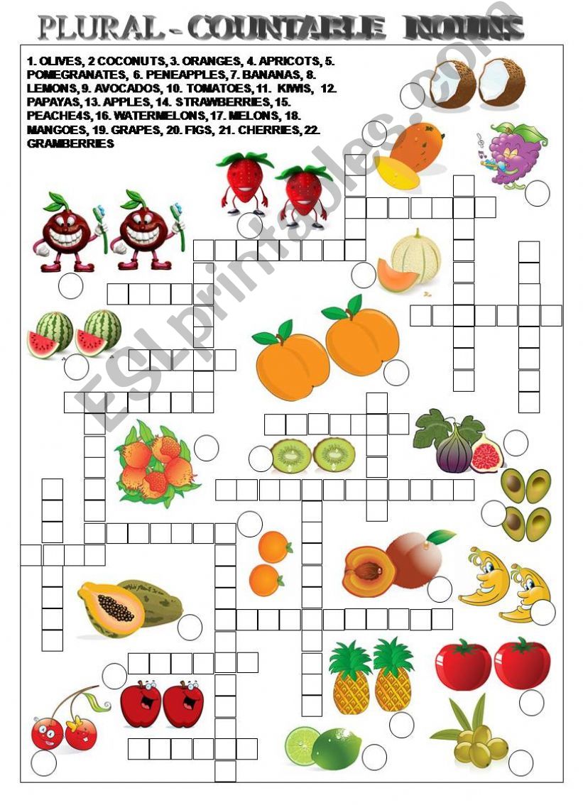 PLURAL - COUNTABLES NOUNS WITH FRUITS - B&W + KEY ANSWER INCLUDED