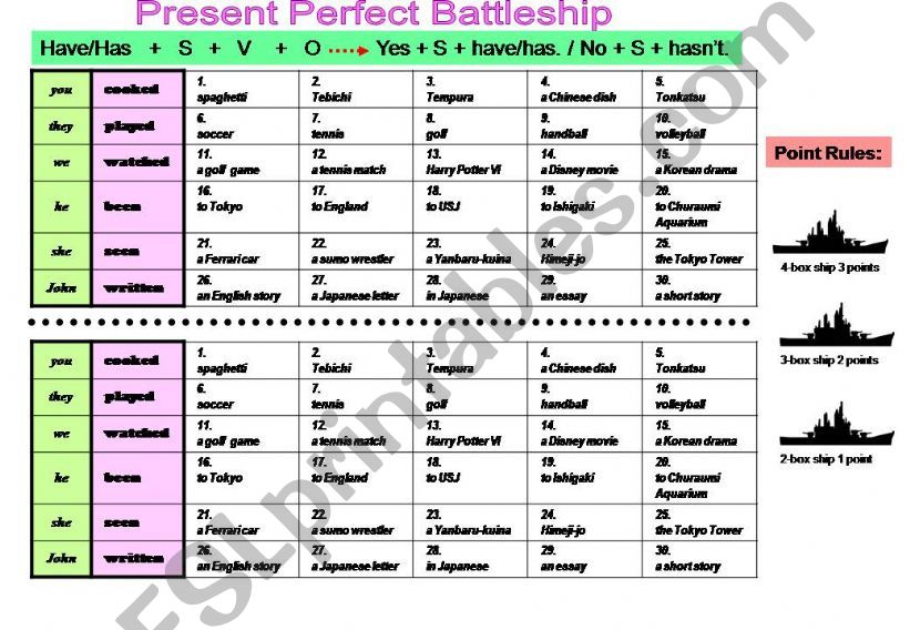 Present Perfect Practice (Battleship)