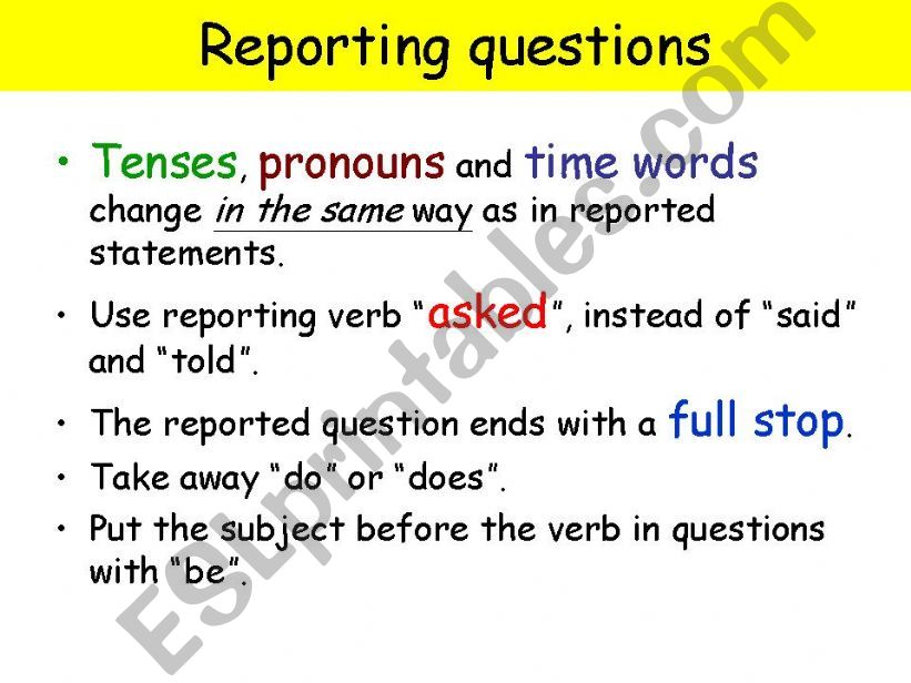 How to Reported Questionsw? Use examples from 