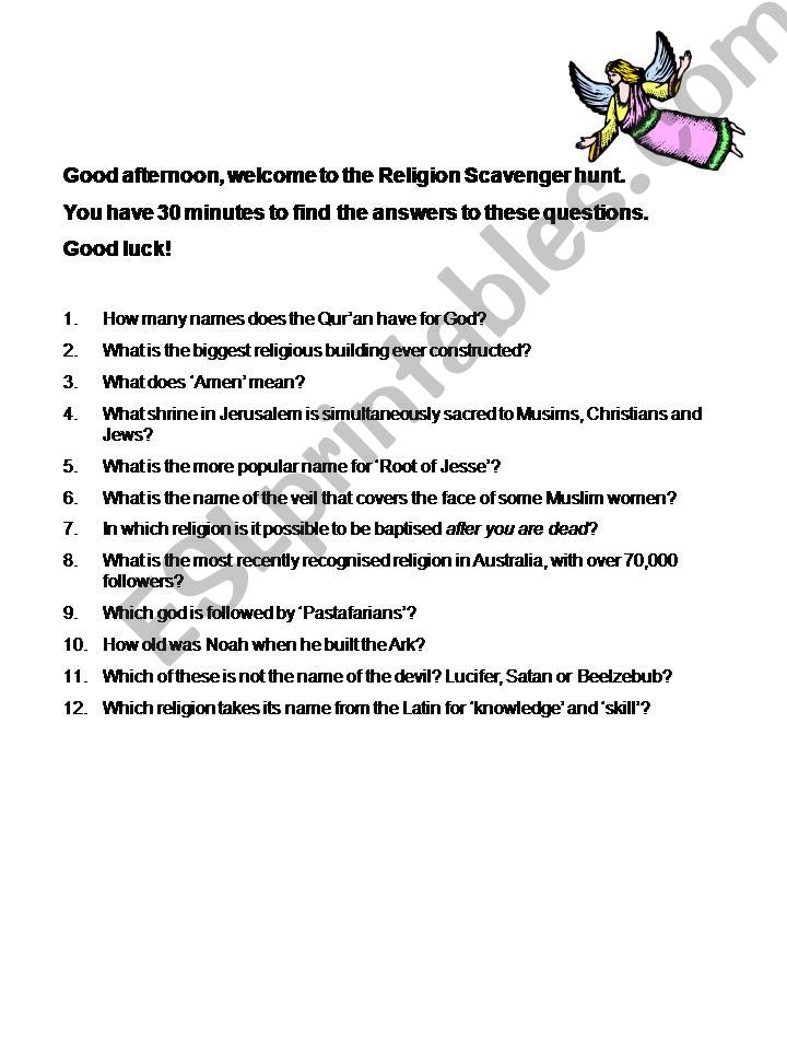 Religion Internet Scavenger Hunt