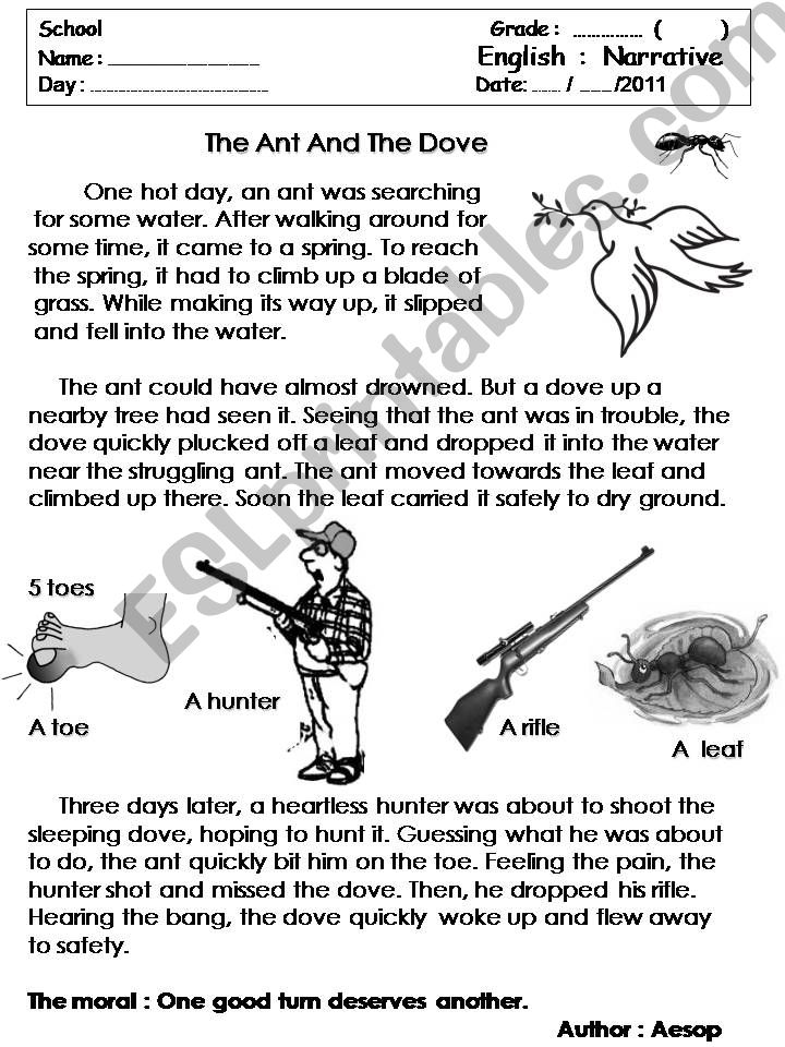 worksheet story narrative THE ANT AND THE DOVE with Listening reading writing comprehension
